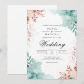 Ethereal Teal & Blush Flourish Wedding 招待状 (正面/裏面)