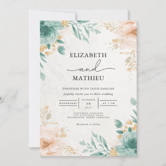 Ethereal Teal Peach Floral Arch Wedding 招待状 (正面)