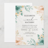 Ethereal Teal Peach Floral Arch Wedding 招待状 (正面/裏面)