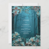 Ethereal Twilight Teal Floral Gold Frame Forest 招待状 (正面)
