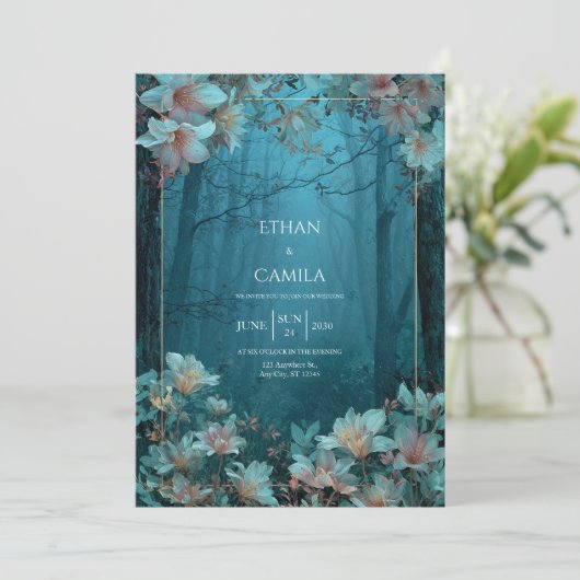 Ethereal Twilight Teal Floral Gold Frame Forest 招待状 (スタンド正面)