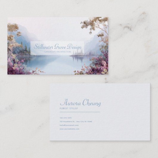 Ethereal Violet Lake Gold Frame Serene Landscape 名刺 (正面/裏面)
