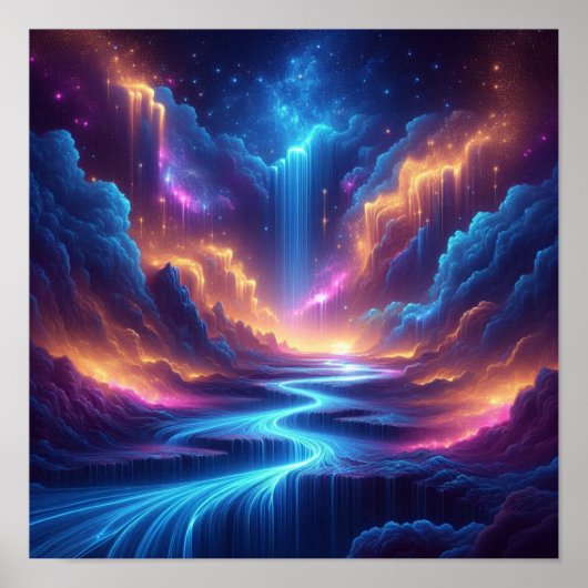 Ethereal Waterfalls Blending with a Starry Horizon ポスター (正面)