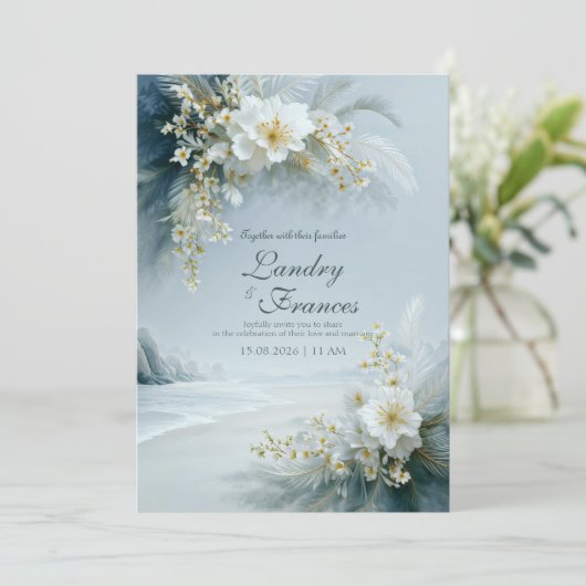 Ethereal White Floral Coastal Winter Beach Wedding 招待状 (スタンド正面)