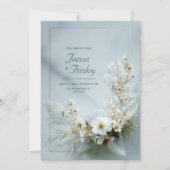 Ethereal White Floral Feather Gold Frame Wedding 招待状 (正面)