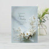 Ethereal White Floral Feather Gold Frame Wedding 招待状 (スタンド正面)