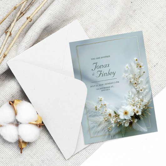 Ethereal White Floral Feather Gold Frame Wedding 招待状