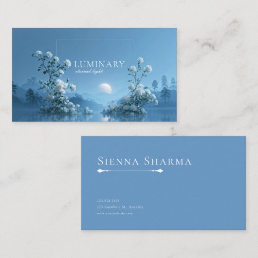 Ethereal White Rose Floral and Blue Moon Lake 名刺 (正面/裏面)