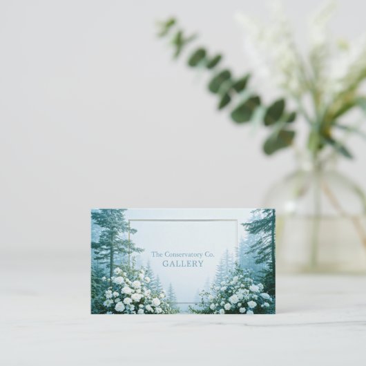 Ethereal White Rose Floral and Misty Pine Forest 名刺 (スタンド正面)
