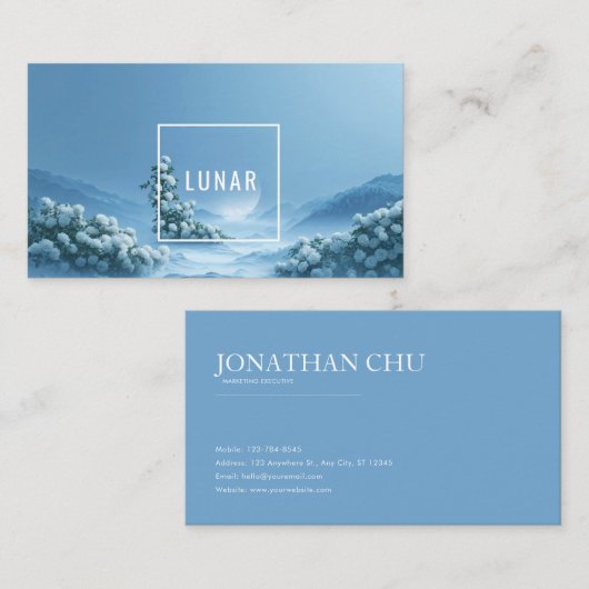 Ethereal White Rose Floral and Snowy Mountain Moon 名刺 (正面/裏面)
