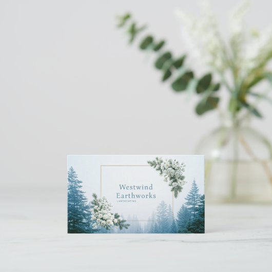 Ethereal White Rose Pine Forest Winter Gold Frame 名刺 (スタンド正面)