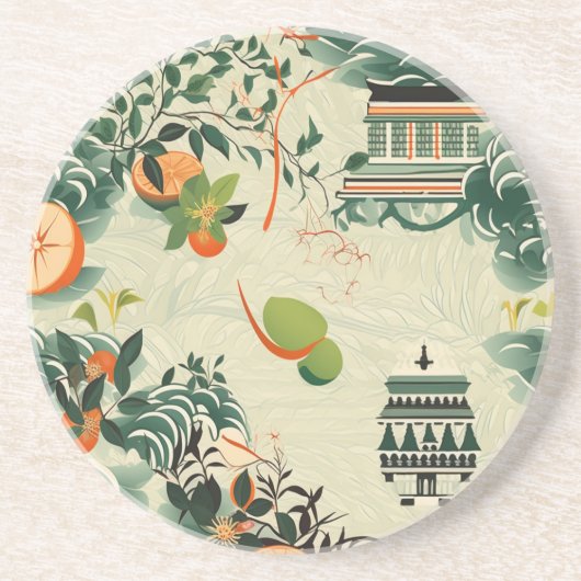 Ethereales Orangenmuster mit Zen-Tempeln コースター (正面)