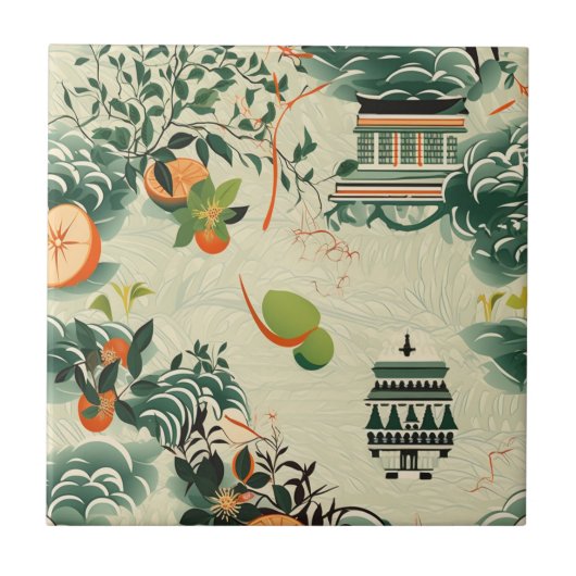 Ethereales Orangenmuster mit Zen-Tempeln タイル (正面)