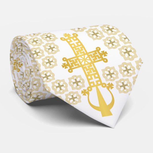 Ethiopian Orthodox Cross Pattern Gold on white ネクタイ (ロール)