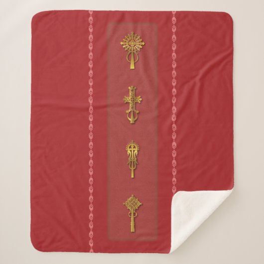 Ethiopian Orthodox Crosses – Gold on Red シェルパブランケット (正面)