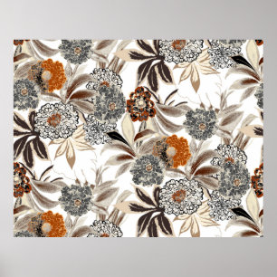 Ethnic art flowers and leaves illustration pattern ポスター