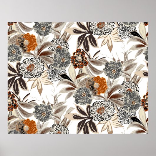 Ethnic art flowers and leaves illustration pattern ポスター (正面)