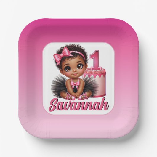 Ethnic Baby Girl Pink & Black Tutu 1st Birthday ペーパープレート (正面)