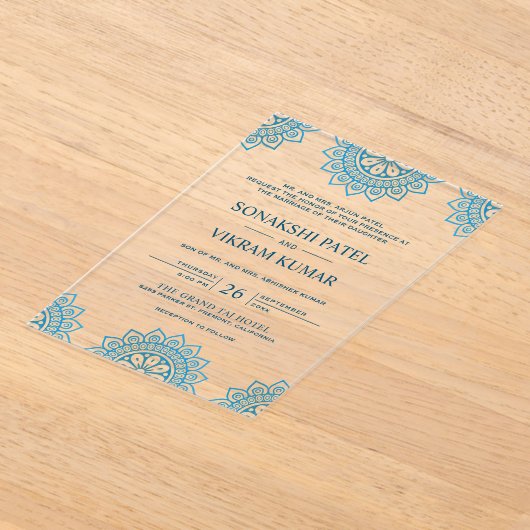 Ethnic Blue Mandala Indian Wedding アクリル招待状 (レイダウン)