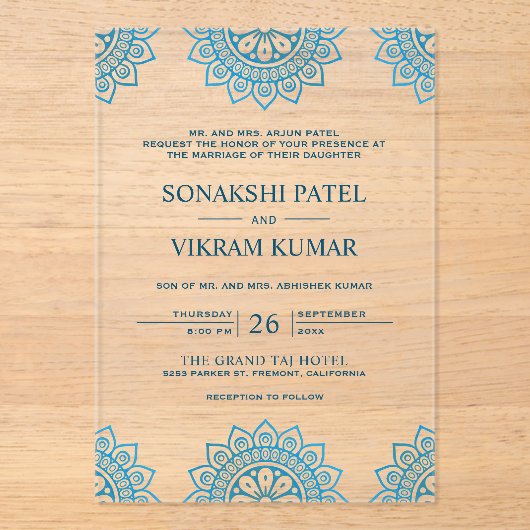 Ethnic Blue Mandala Indian Wedding アクリル招待状 (正面)
