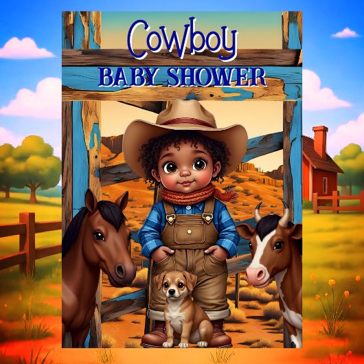Ethnic Cute Cowboy Boy Baby Shower Horse Cow Dog 招待状