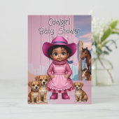 Ethnic Cute Cowgirl Baby Shower Pink Blue Animals 招待状 (スタンド正面)