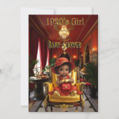 Ethnic Cute Girl Baby Shower 1920s Red Art deco 招待状 (正面)