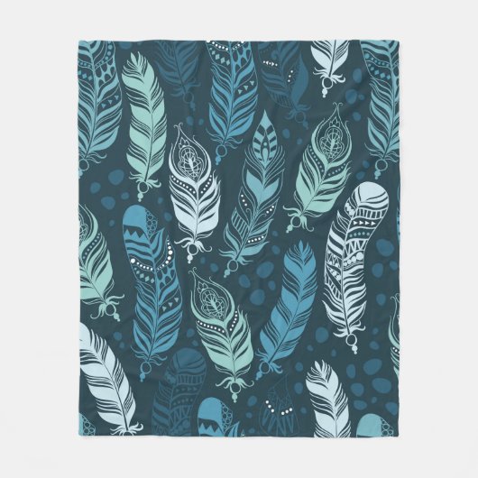 Ethnic feathers seamless pattern フリースブランケット (正面)