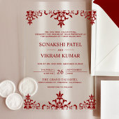 Ethnic Red Damask Indian Wedding アクリル招待状