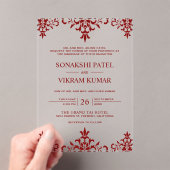 Ethnic Red Damask Indian Wedding アクリル招待状 (インサイチュ (ポータブル))