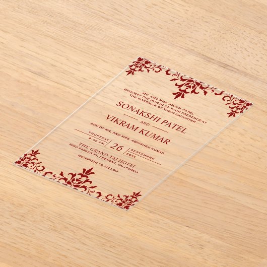 Ethnic Red Damask Indian Wedding アクリル招待状 (レイダウン)
