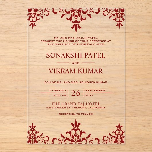 Ethnic Red Damask Indian Wedding アクリル招待状 (正面)