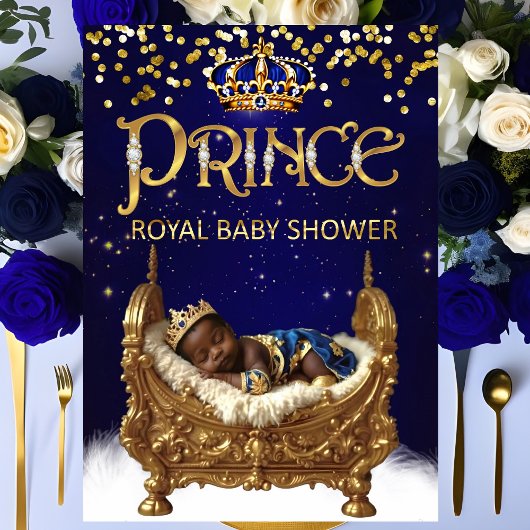 Ethnic Royal Prince Baby Shower Blue Gold Crib 招待状