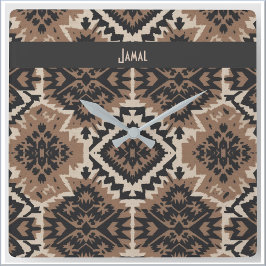 Ethnic Tribal Mudcloth Black & Tan スクエア壁時計