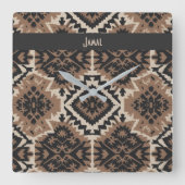 Ethnic Tribal Mudcloth Black & Tan スクエア壁時計 (正面)