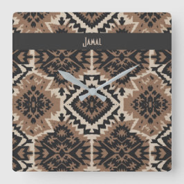 Ethnic Tribal Mudcloth Black & Tan スクエア壁時計