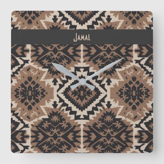Ethnic Tribal Mudcloth Black & Tan スクエア壁時計 (正面)