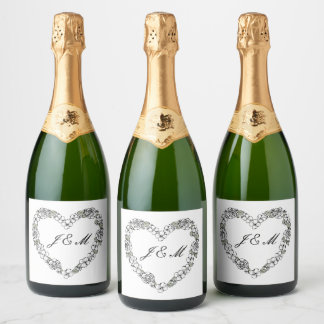 Étiquette de champagne mariage noir et blanc coeur スパークリングワインラベル