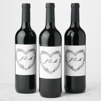 Étiquette de vin mariage noir et blanc coeur ワインラベル