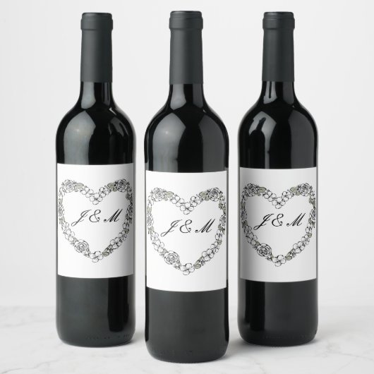 Étiquette de vin  mariage noir et blanc coeur  ワインラベル (ボトル)