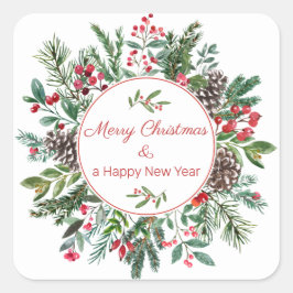 Etiquettes Florales Merry Christmas Happy New Year スクエアシール