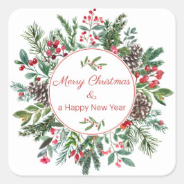 Etiquettes Florales Merry Christmas Happy New Year スクエアシール