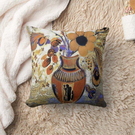 Etruscan Vase with Flowers, Redon クッション (ブランケット)