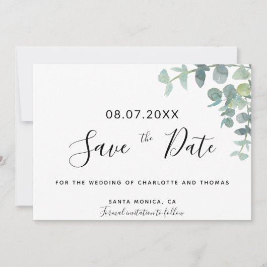 Eucaluptus緑のスクリプトウェディング日付を保存 (正面)