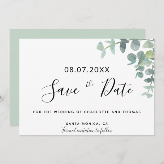 Eucaluptus緑のスクリプトウェディング日付を保存 (正面/裏面)