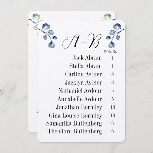 Eucalyptus Alphabetical 10 Guest Table Chart Cards 招待状 (正面/裏面)