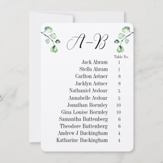 Eucalyptus Alphabetical 12 Guest Table Chart Cards 招待状 (正面)