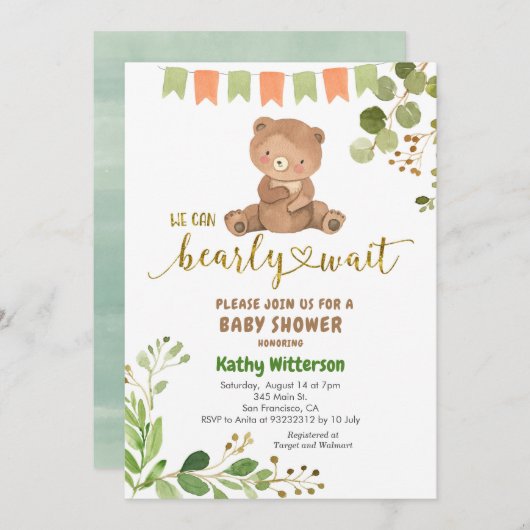 Eucalyptus and Bear We Can Bearly Wait Baby Shower 招待状 (正面/裏面)