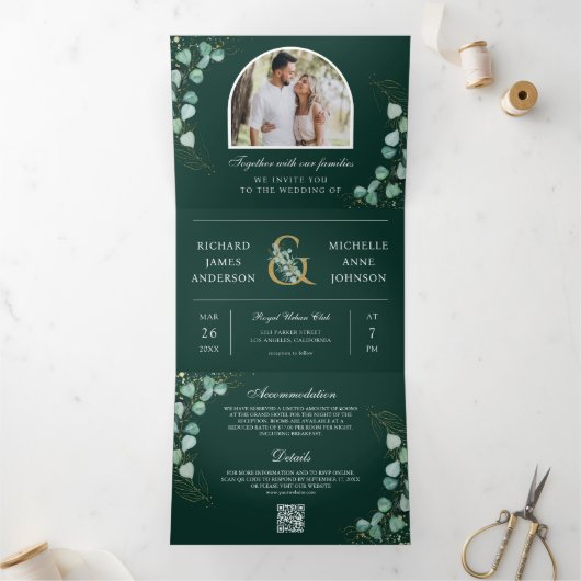 Eucalyptus Arch Emerald Green QR Code Wedding 三つ折り招待状 (内部)