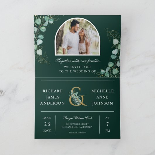 Eucalyptus Arch Photo Emerald QR Code Wedding 招待状 (内部)
